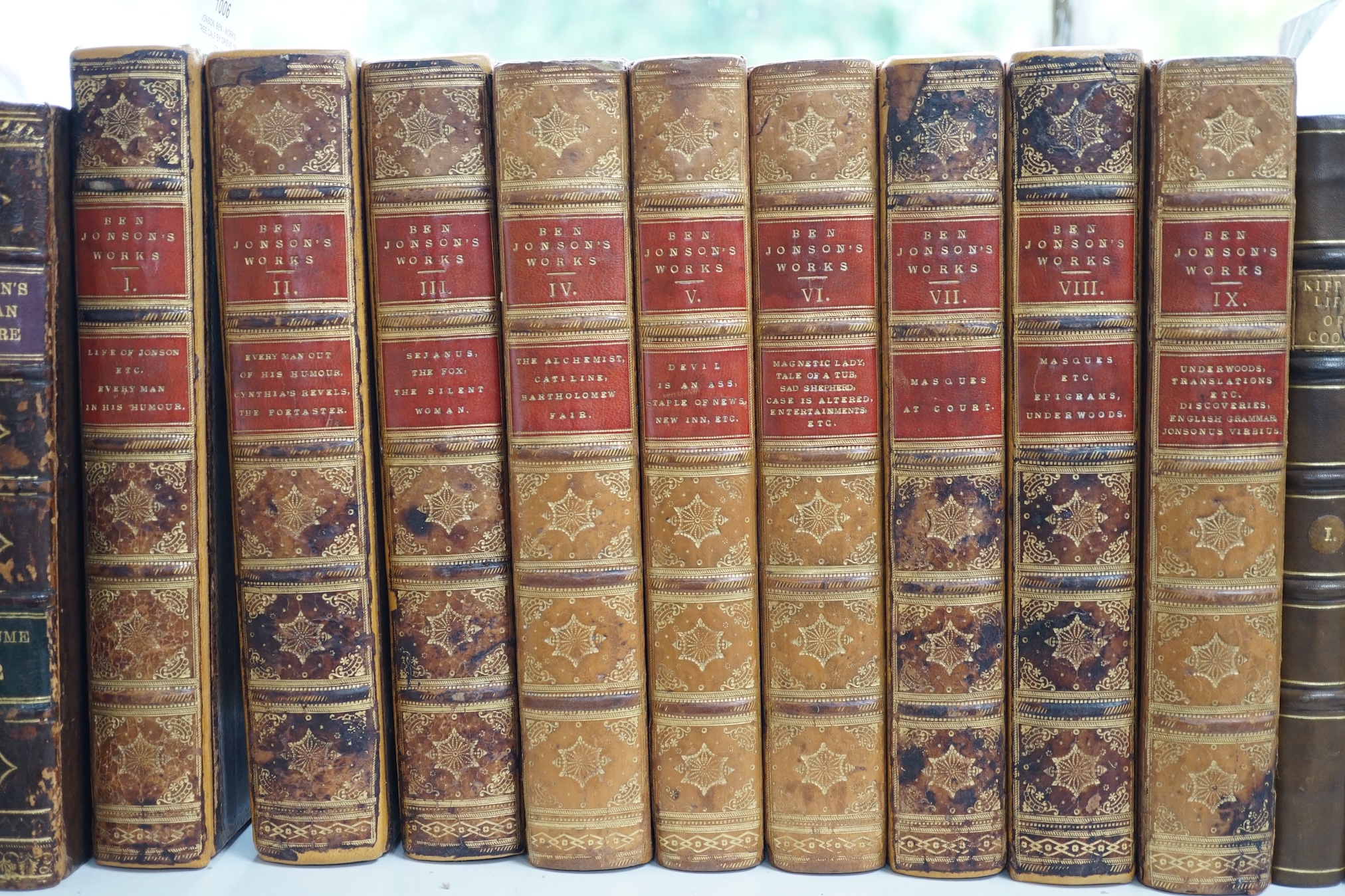 Jonson, Ben - Works, tree calf by Grieve of Edinburgh, 9 vols, Bickers and Son, 1875